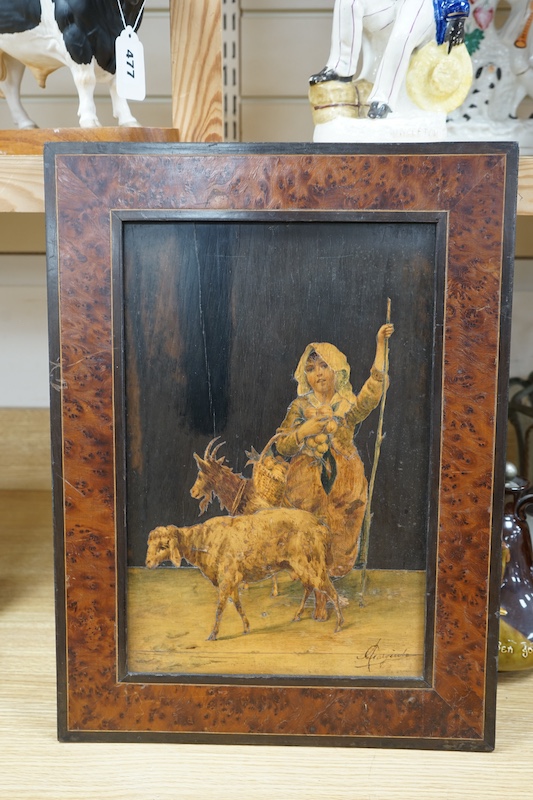 An Italian burr walnut framed, parquetry panel of a girl carrying a basket of fruit surrounded by a goat and sheep, signed. 14cm wide, 36.5cm high excl. frame. Condition - worn in places